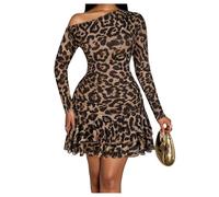 GORGLITTER Women's Leopard Print Tiered Ruffle Mini Dresses One Off Shoulder Long Sleeve Flared Flowy Rave Dress Brown Small