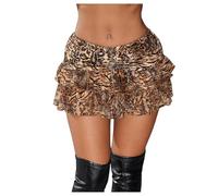 GORGLITTER Women's Leopard Print Tiered Ruffle Mini Skirts Low Waist Layer Hem Ruched A Line Y2k Rave Skirt Brown X-Small