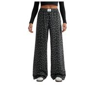GORGLITTER Women's Leopard Print Trousers Elastic Waist Letter Patched Wide Leg Casual Palazzo Pants Dark Grey Small