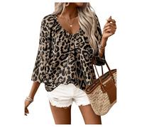 GORGLITTER Women's Leopard Print V Neck 3/4 Sleeve Blouses Ruched Loose Tunic Shirts Vacation Tops Coffee Brown Small