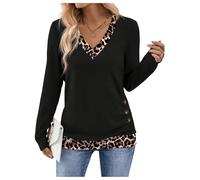 GORGLITTER Women's Leopard Print V Neck Long Sleeve T Shirts Button Front Contrast Trim Casual Tops Black Small