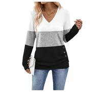 GORGLITTER Women's Leopard Print V Neck Long Sleeve T Shirts Button Front Contrast Trim Casual Tops Black Grey White Medium