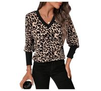 GORGLITTER Women's Leopard Print V Neck T Shirts Long Sleeve Button Decor Going Out Tops Brown Medium