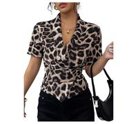 GORGLITTER Women's Leopard Print Wrap V Neck Blouses Short Sleeve Tie Back Ruched Slim Fit Elegant Shirts Brown X-Large