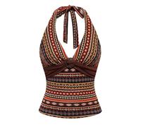 GORGLITTER Women's Leopard Ruched Crop Halter Tops V Neck Tie Backless Grunge Punk Y2K Tops Brown Geo X-Small
