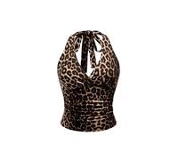 GORGLITTER Women's Leopard Ruched Crop Halter Tops V Neck Tie Backless Grunge Punk Y2K Tops Brown S