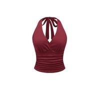 GORGLITTER Women's Leopard Ruched Crop Halter Tops V Neck Tie Backless Grunge Punk Y2K Tops Burgundy X-Large