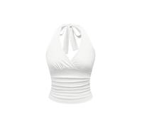 GORGLITTER Women's Leopard Ruched Crop Halter Tops V Neck Tie Backless Grunge Punk Y2K Tops White X-Small