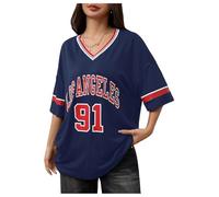 GORGLITTER Women's Letter Graphic Oversized T Shirt Striped V Neck Drop Shoulder Number Loose Tee Tops Letter Dark Blue Small
