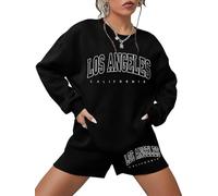 GORGLITTER Women's Letter Graphic Tracksuit 2 Piece Drop Shoulder Long Sleeve Sweatshirt and Track Shorts Outfit Black L