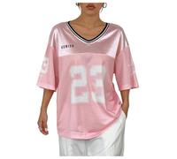 GORGLITTER Women's Letter Number Jersey Tee Shirts Mesh V Neck Half Sleeve Drop Shoulder Loose Tops Pink Medium