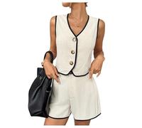 GORGLITTER Womens Linen Shorts Co Ord Sets Contrast Trim V Neck Button Vest Wide Leg Shorts 2 Piece Travel Outfit Apricot X-Large