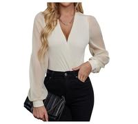 GORGLITTER Women's Long Mesh Sleeve Bodysuit Deep V Neck Wrap Front Sheer Mesh Top Apricot X-Large