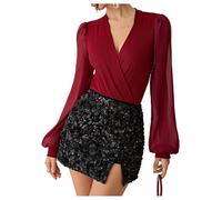 GORGLITTER Women's Long Mesh Sleeve Bodysuit Deep V Neck Wrap Front Sheer Mesh Top Burgundy Medium
