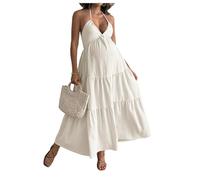 GORGLITTER Women's Maternity Boho Summer Dresses Deep V Halter Neck Tie Backless A Line Ruffle Maxi Pregnancy Dress Apricot Small