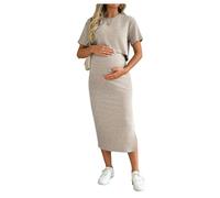 GORGLITTER Women's Maternity Co Ord Sets Rib Knit Short Sleeve Crewneck Top Split Midi Skirt 2 Piece Lounge Wear Apricot X-Large