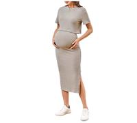 GORGLITTER Women's Maternity Co Ord Sets Rib Knit Short Sleeve Crewneck Top Split Midi Skirt 2 Piece Lounge Wear Apricot Large