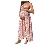 GORGLITTER Women's Maternity Floral Spaghetti Strap Cami Dress Smocked Flared Long Summer Pregnancy Sundresses Pink Small