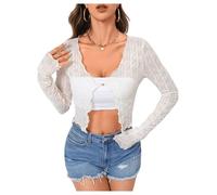 GORGLITTER Women's Mesh Open Front Crop Top Long Sleeve V Neck Frill Trim T Shirt Sheer Light Weight Cardigan Beige L