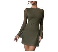 GORGLITTER Women's Mesh Sheer Bell Long Sleeve Dresses Boat Neck Bodycon Mini Going Out Dress Army Green Small