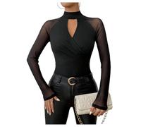 GORGLITTER Women's Mesh Sheer Cut Out Front Wrap T Shirts Ruched Mock Neck Long Sleeve Slim Fit Party Tops Black Large