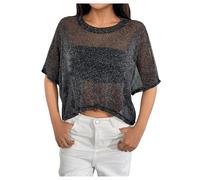 GORGLITTER Women's Mesh Sheer Glitter Crop T Shirts Crewneck Dolmen Sleeve Loose Club Tops Black X-Small
