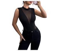 GORGLITTER Women's Mesh Sheer Mock Neck Tank Bodysuits Sleeveless Elegant Leotards Going Out Tops Black Medium