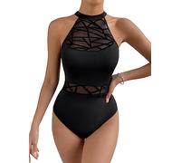 GORGLITTER Women's Mesh Sheer Sleeveless Bodysuit Halter Neck Sexy Lingerie Top Black Geo Print S