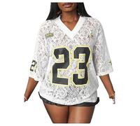GORGLITTER Women's Number Graphic Jersey Shirts V Neck Drop Shoulder Half Sleeve Tops Lace Sheer Loose 90s Tees White Large
