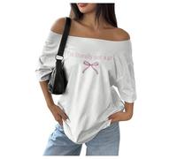 GORGLITTER Women's Off Shoulder Letter Bow Print Tops Oversized Short Sleeve T Shirts Streetwear Top White Large