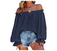 GORGLITTER Women's Off Shoulder Long Sleeve Blouses Tie Front Frilled Textured Oversized Elegant Vacation Tops Dark Blue Medium