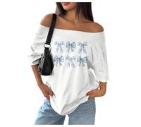 GORGLITTER Women's Off Shoulder Short Sleeve Tops Oversized Bow Print Cute Streetwear T Shirts White Medium