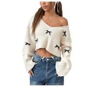 GORGLITTER Women's Off Shoulder V Neck Bow Cropped Sweaters Long Sleeve Loose Jumper Tops Apricot Medium
