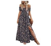 GORGLITTER Women's Off The Shoulder Ditsy Floral Dresses Short Sleeve A Line High Split Flowy Maxi Beach Summer Dress Dark Blue Medium