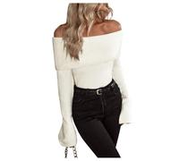 GORGLITTER Women's Off The Shoulder Jumper Bell Long Sleeve Sweaters Ribbed Fold Over Slim Fit Pullover Tops Beige S