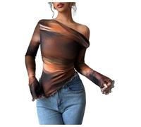 GORGLITTER Women's One Off The Shoulder Tops Asymmetrical Ruched Tie Dye T Shirts Long Sleeve Going Out Party Tops Brown XS