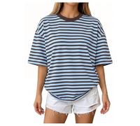 GORGLITTER Women's Oversized Striped Tshirts Short Sleeve Crewneck Drop Shoulder Tops Y2k Preppy Streetwear Outfits Blue Medium
