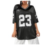GORGLITTER Women's Oversized T Shirts Letter Number Jersey Shirts Mesh V Neck Half Sleeve Drop Shoulder Loose Tops Black M