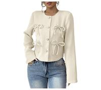 GORGLITTER Women's Pearl Button Front Bow Tie Jackets Crewneck Long Sleeve Lightweight Elegant Outwear Coats Apricot Small
