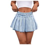 GORGLITTER Women's Pleated Mini Denim Skirts Low Waist A Line Flowy Raw Hem Zipper Y2k 90s Party Jeans Skirt Light Wash Medium