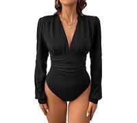 GORGLITTER Women's Plunging Deep V Neck Ruched Leotard Bodysuit Long Sleeve Slim Fit T Shirt Blouse Tops Black Tall XL