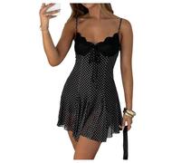 GORGLITTER Women's Polka Dots A Line Ruffle Cami Mini Dresses Tie Front Contrast Lace Low Cut Flared Flowy Rave Dress Black X-Large