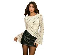 GORGLITTER Women's Polka Dots Asymmetrical Layered Mesh Tops Ruched Boat Neck Bell Sleeve Slim Fit Tshirts Going Out Date Night Top Apricot Medium