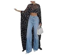 GORGLITTER Women's Polka Dots Asymmetrical Shawl Tops Sheer Cloak Sleeve Loose Crop Blouses Going Out Top Black Small