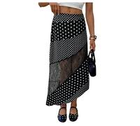 GORGLITTER Women's Polka Dots Contrast Lace Asymmetrical Skirts Low Waist A Line Flowy Vintage Going Out Long Skirt Black Large