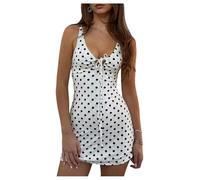GORGLITTER Women's Polka Dots Deep V Neck Dresses Tie Front Ruched Slimming Mini Tank Sundress Retro Party Night Dress White Large