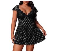 GORGLITTER Women's Polka Dots Lace A Line Skater Dresses Plus Size Sweetheart Neck Cap Sleeve Ruffle Mini Dress for Date Party Black and White 3X-Large Plus