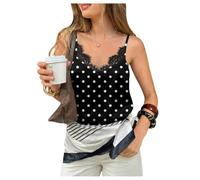 GORGLITTER Women's Polka Dots Lace Top V Neck Spaghetti Strap Retro Cami Tops Summer Beach Going Out Vests Black Small