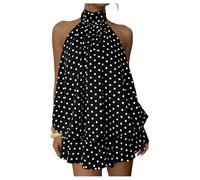 GORGLITTER Women's Polka Dots Open Back Mini Dresses Halter Tie Neck Flared Sundress Ruffle Flowy Summer Date Night Dress Black Polka Dots M