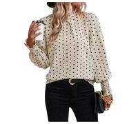 GORGLITTER Women's Polka Dots Puff Long Sleeve Blouses Mock Neck Frill Trim Vintage Elegant Shirts Apricot Large